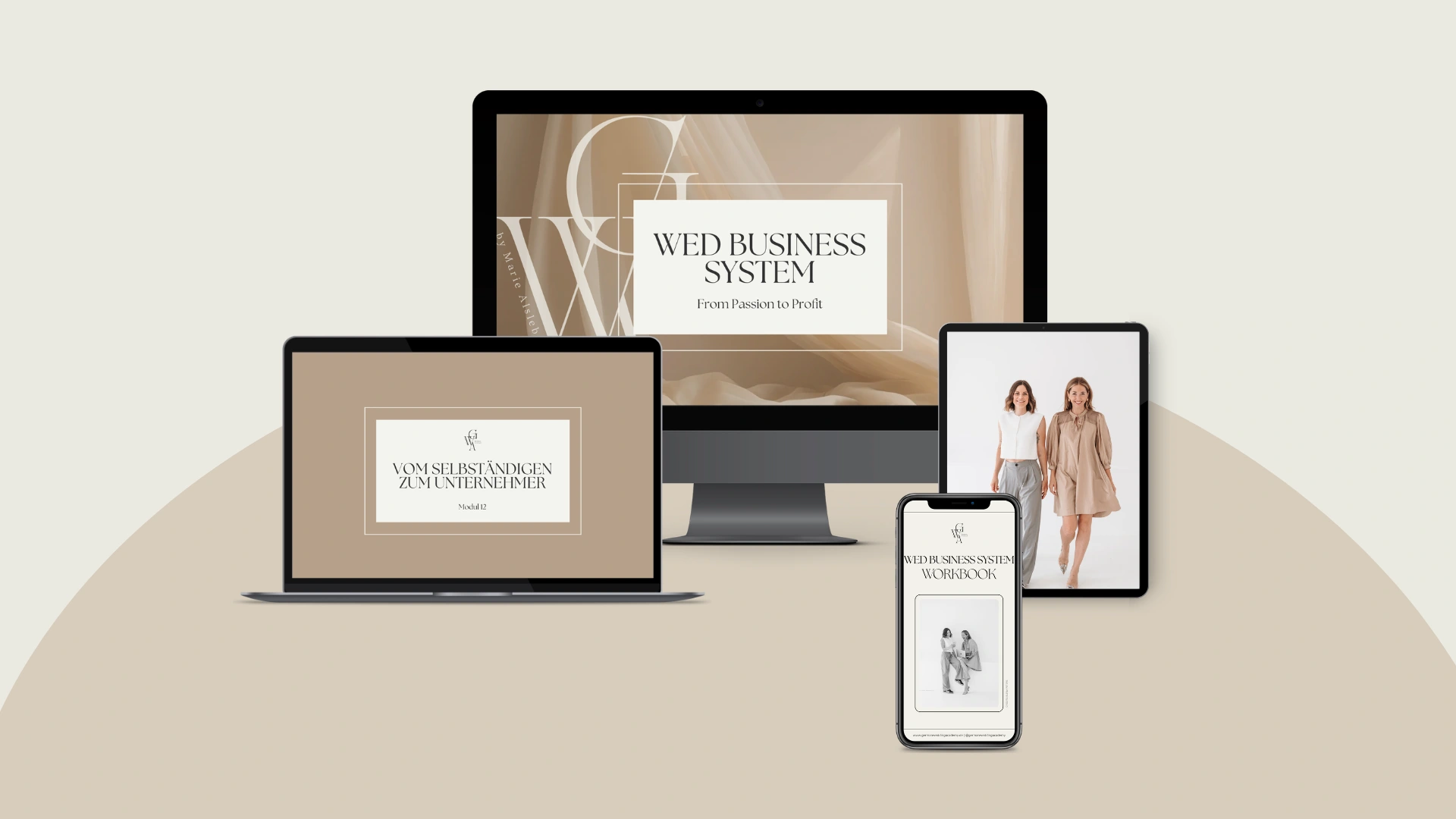 Mockup Wed Business System – dem Mentoring Programm der German Wedding Academy für Hochzeitsdienstleister:innen, die ihre Marke, Sichtbarkeit und ihr Business professionell aufbauen möchten.